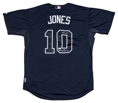 2012 Chipper Jones Game Used, Signed & Inscribed Atlanta Braves Blue Alternate Jersey (PSA/DNA)